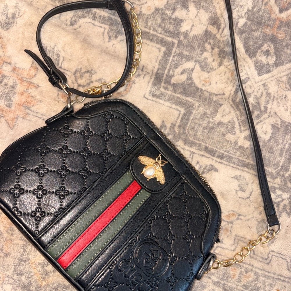 Chic Black Crossbody Bag with Red and Green Stripes